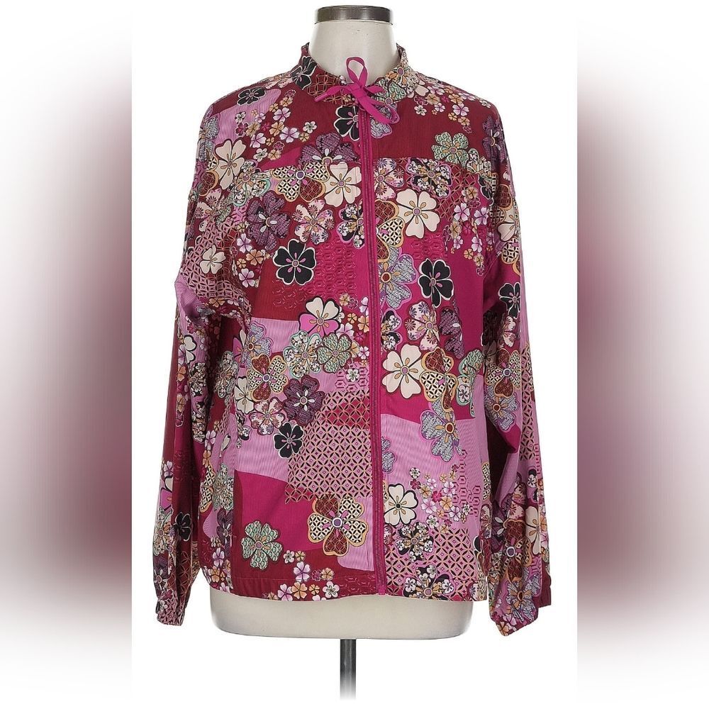 Johnny Was Yama Zip-Up Floral Track Jacket Boho Chic Pink Red Spring Size Large